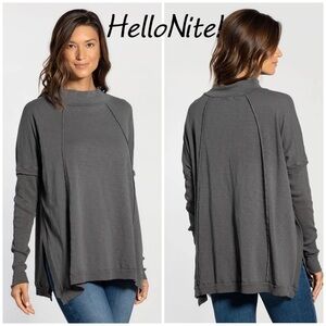 HelloNite! Mineral Wash Mock T.  Long sleeve. Side slit mock neck t-shirt. Gray
